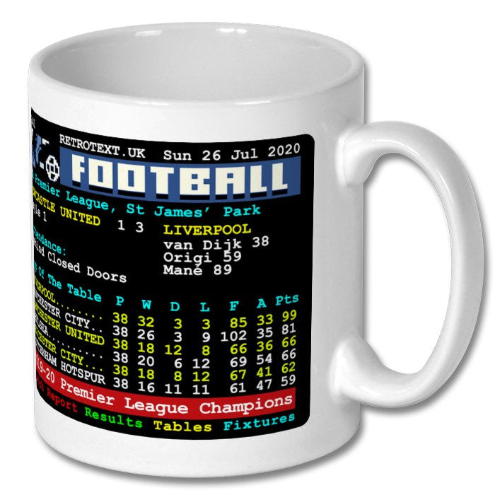 Retrotext Liverpool 2020 Premier League Champions white ceramic mug featuring a vintage teletext football results design