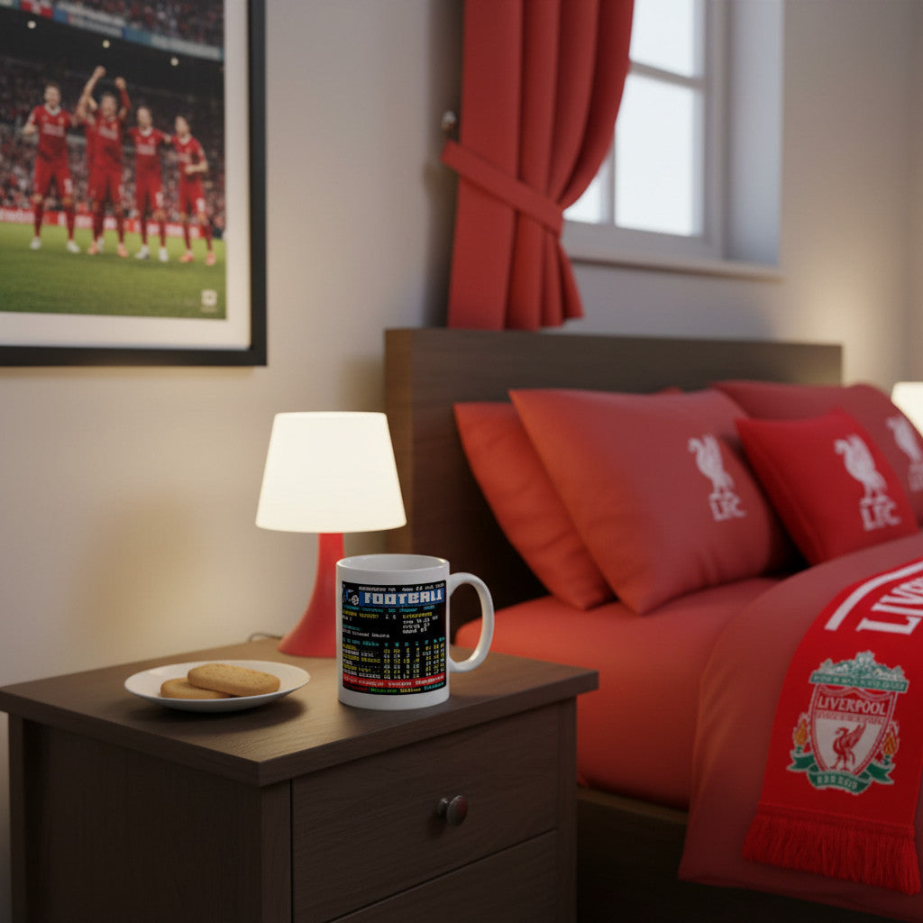 Retrotext Liverpool 2020 Premier League Champions teletext mug on a wooden bedside table with biscuits