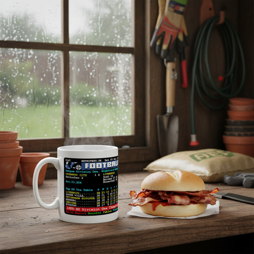 Retrotext Liverpool 2020 Premier League Champions teletext mug featuring football league table on a rustic workbench