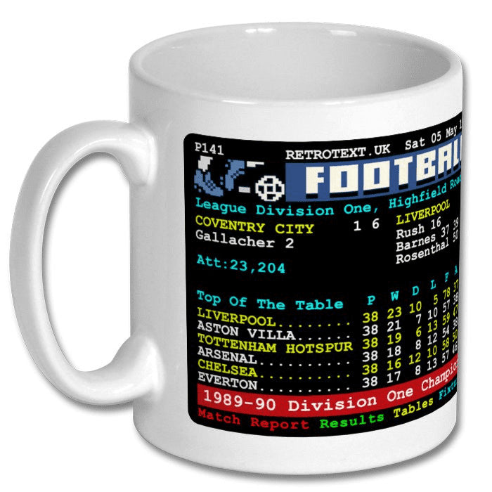 Retrotext Liverpool 2020 Premier League Champions white ceramic mug featuring 1990 teletext football league table