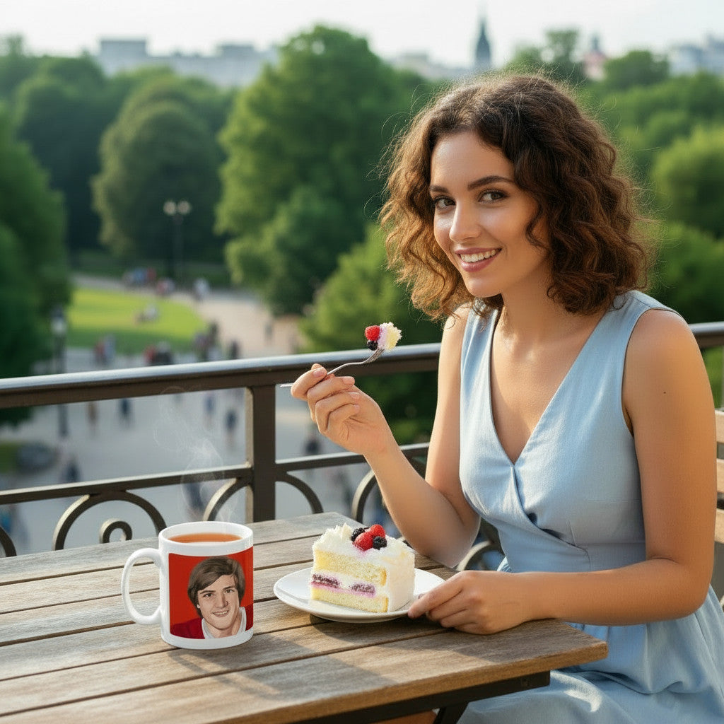 Retrotext Liverpool 1982 League Cup Ronnie Whelan mug on a wooden table next to a woman eating cake on a balcony