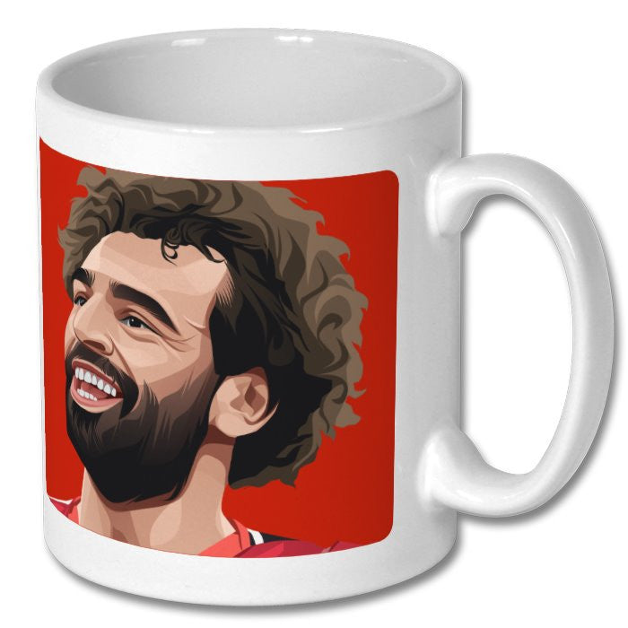 Retrotext Liverpool FC 11oz glossy white mug featuring a vibrant illustrated portrait of Mohamed Salah on a red background