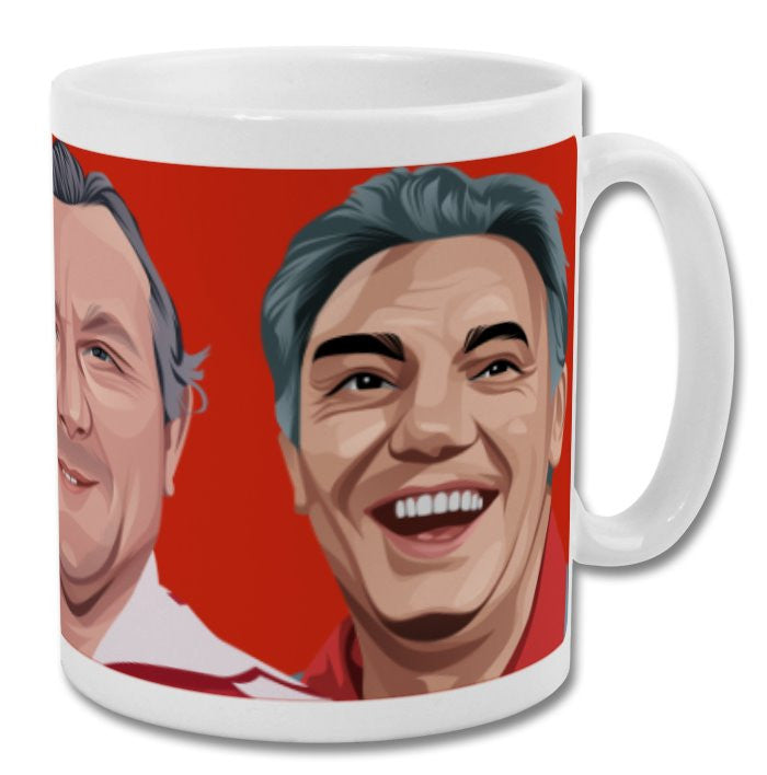 Retrotext Liverpool FC mug featuring illustrated portraits of Bill Shankly, Bob Paisley, and Joe Fagan on red background