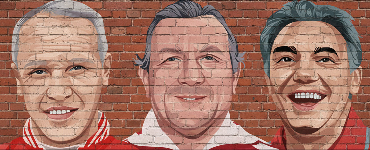 Retrotext Liverpool mug featuring a wraparound illustration of Bill Shankly, Bob Paisley, and Joe Fagan on brick wall