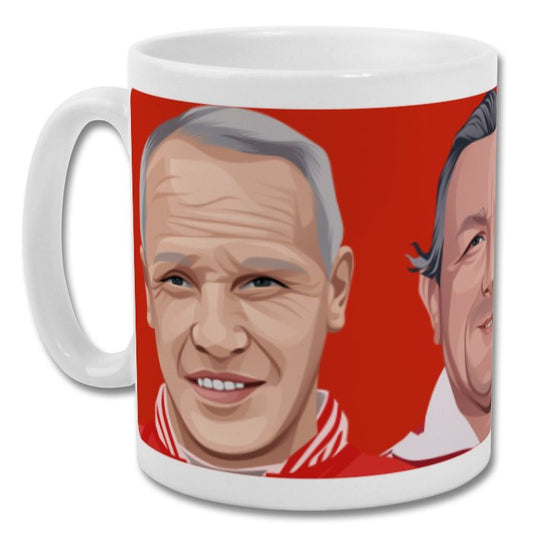 Retrotext Liverpool FC mug featuring illustrated portraits of Bill Shankly, Bob Paisley, and Joe Fagan on red background