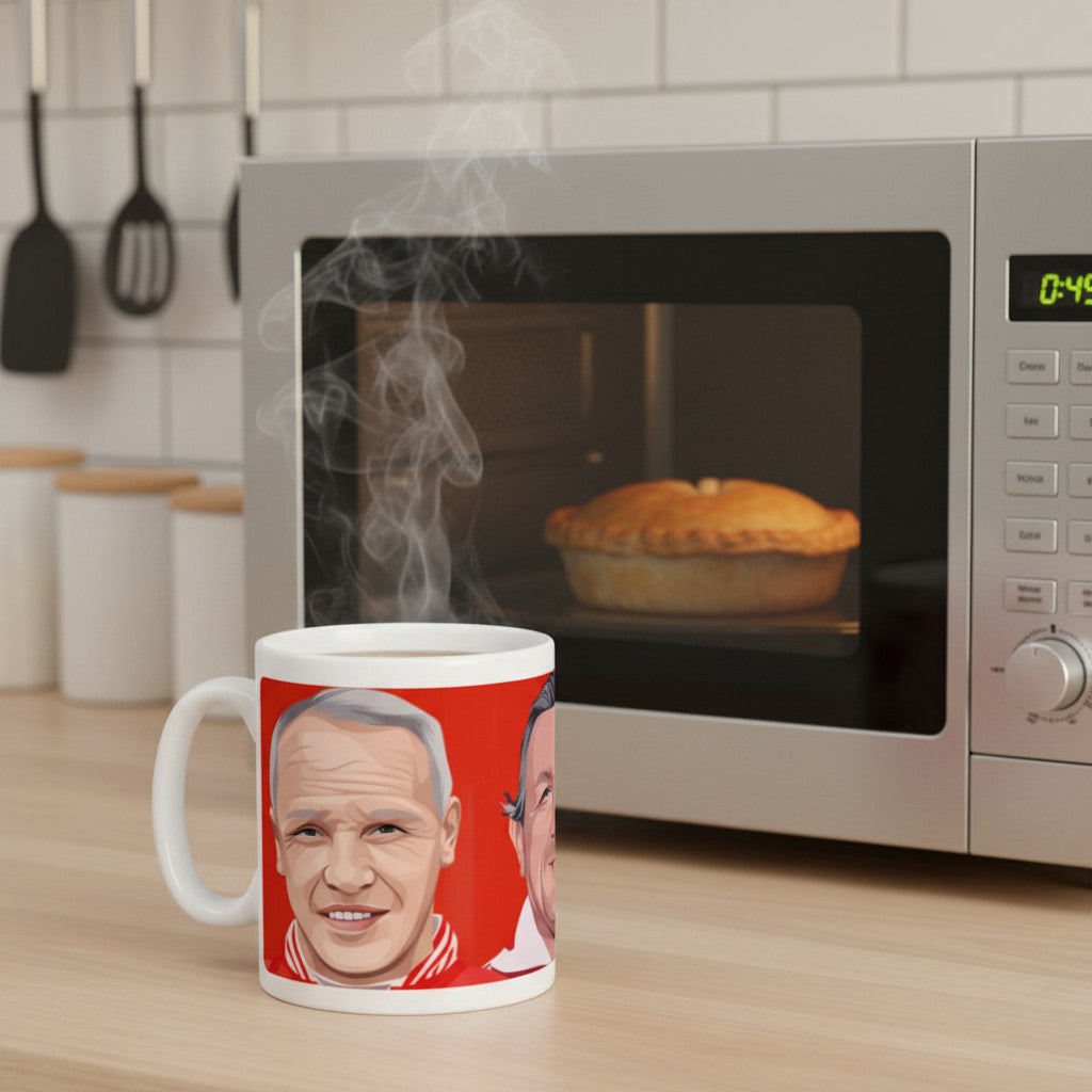 Retrotext Liverpool FC mug featuring illustrations of Shankly, Paisley, and Fagan on a glossy white 11oz ceramic base.