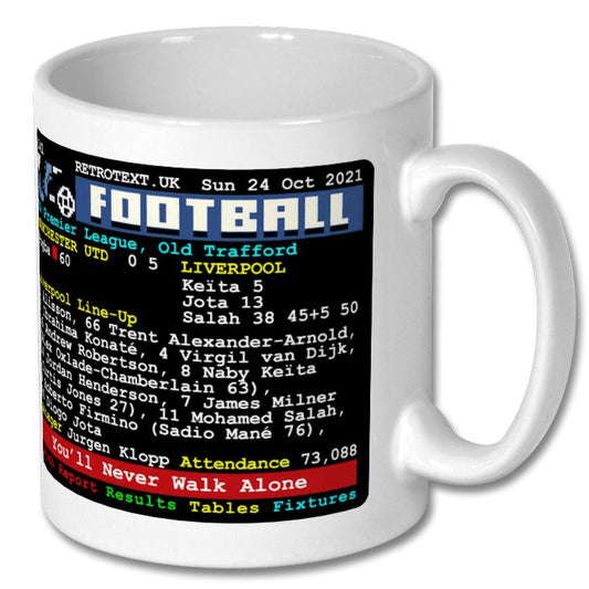 Retrotext white ceramic mug featuring a Liverpool 5-0 Manchester United teletext match score graphic