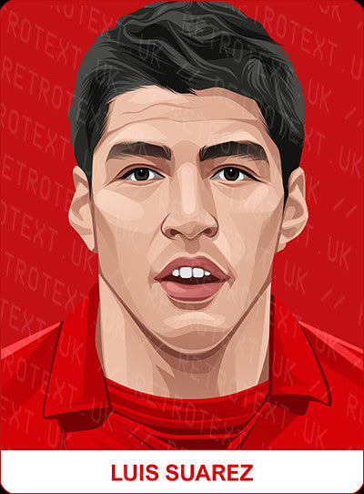 Retrotext personalised Liverpool Legends mug featuring a vibrant digital illustration of Luis Suarez in a red kit.
