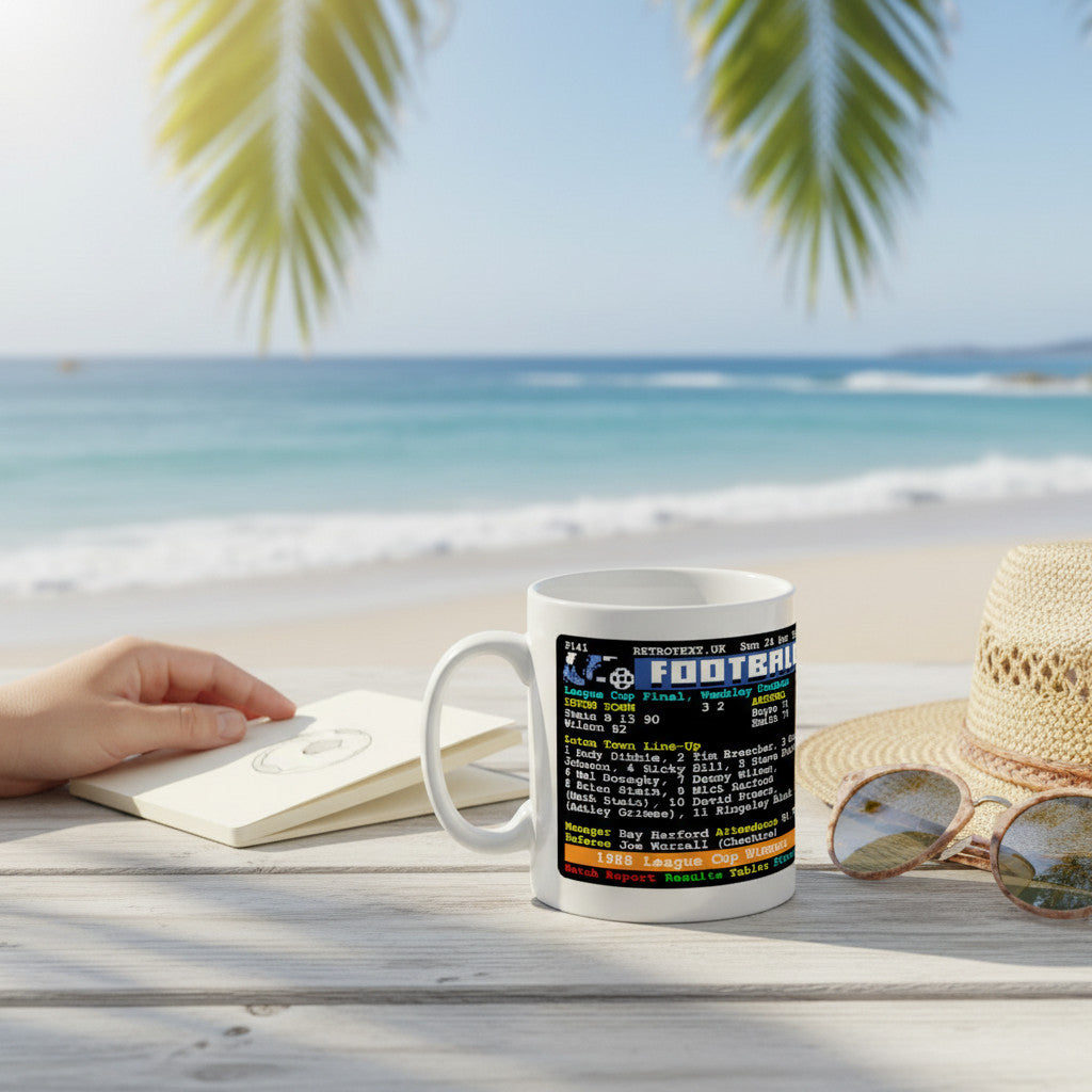 Retrotext Luton Town 1988 League Cup winners mug with teletext football score design on a sunny beach table