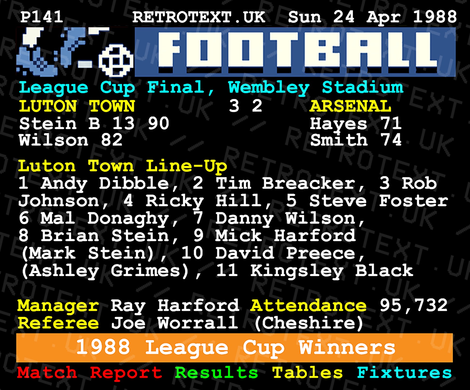 Retrotext Luton Town 1988 League Cup final teletext style mug featuring match stats and Brian Stein goal details