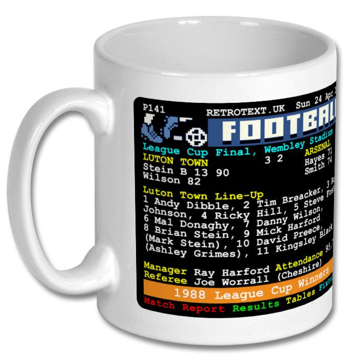 Retrotext white ceramic mug featuring a 1988 Luton Town League Cup final teletext match report design
