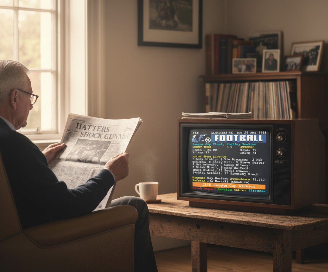 Retrotext Luton Town 1988 League Cup Winners Brian Stein Teletext mug on a wooden table next to a vintage television.