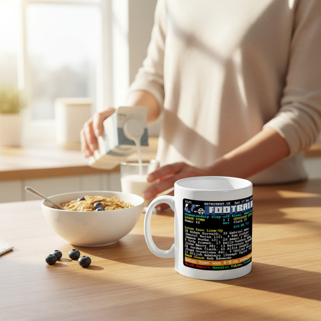 Retrotext Luton Town 2023 Championship Playoff Winners glossy white 11oz ceramic mug with teletext football design