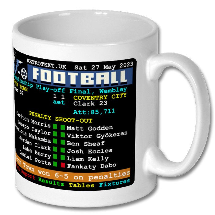 Retrotext Luton Town 2023 Championship Playoff Winners glossy white ceramic mug with teletext score graphic