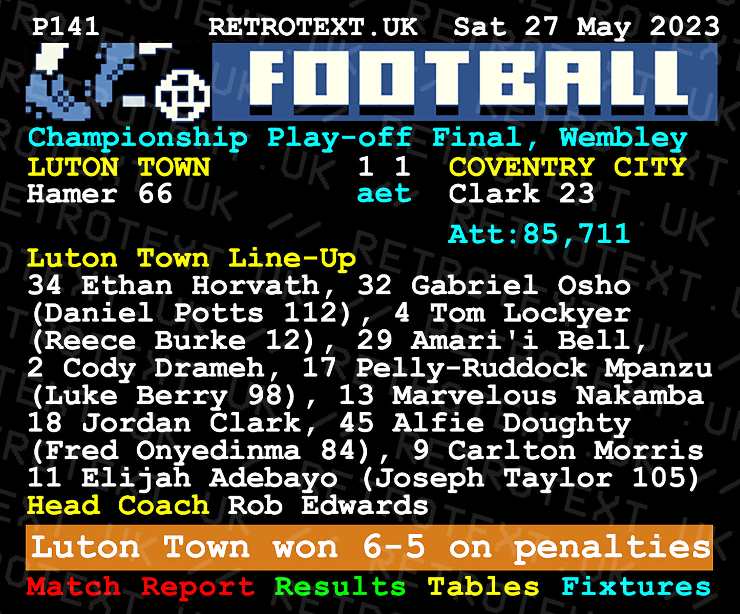 Retrotext Luton Town 2023 Championship Playoff Winners mug featuring a vintage teletext football match report design.