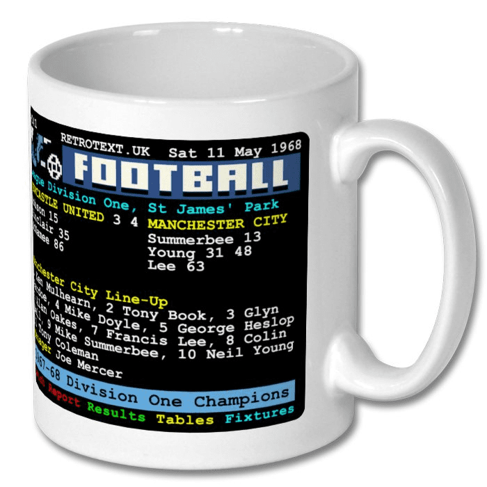 Retrotext Manchester City 1968 Division One Champions teletext design on a glossy white 11oz ceramic mug