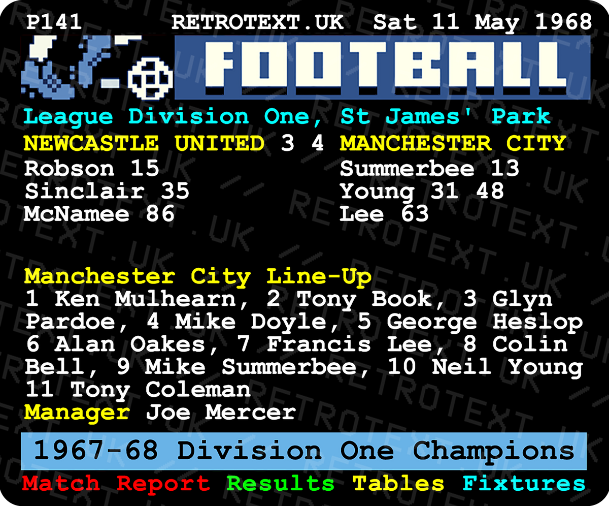Retrotext Manchester City 1968 Division One Champions teletext style ceramic mug with match report details