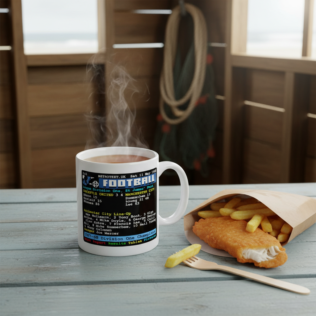 Retrotext Manchester City 1968 Division One Champions teletext design mug with steam on a rustic wooden table