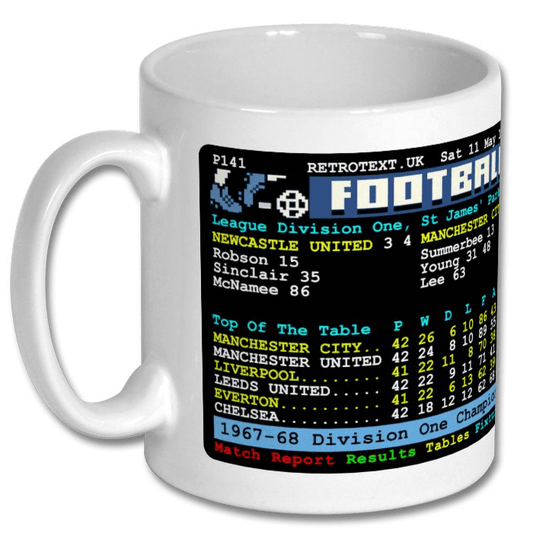 Retrotext Manchester City 1968 Division One Champions mug featuring a vintage teletext football league table design.