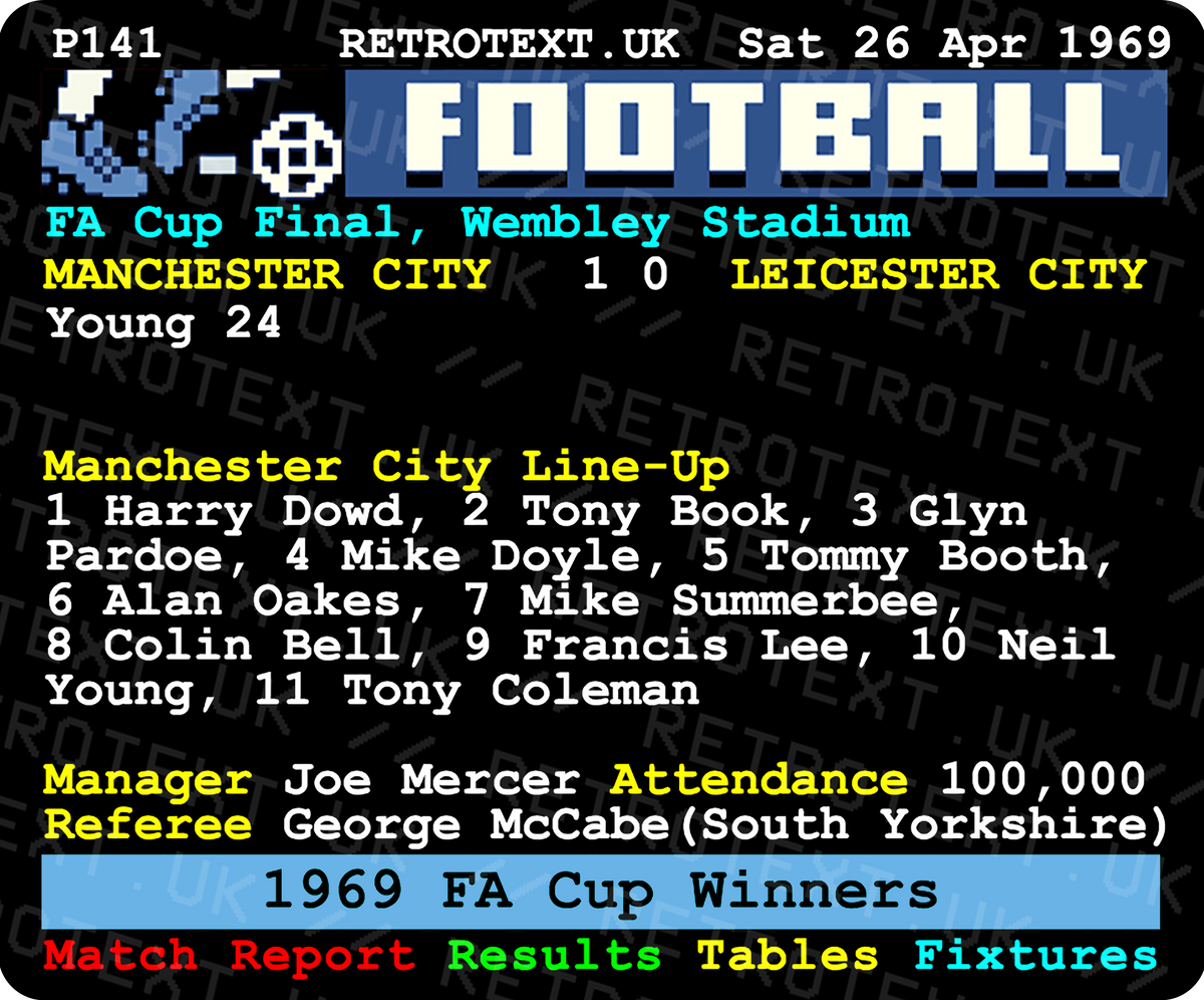Retrotext Manchester City 1969 FA Cup final ceramic mug with vintage teletext match report and player line-up graphic