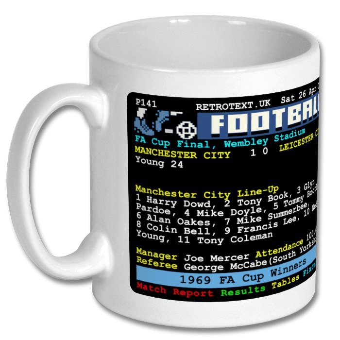 Retrotext Manchester City 1969 FA Cup winners ceramic mug featuring a vintage teletext match report graphic