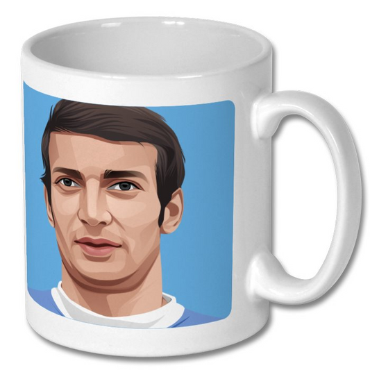 Retrotext Manchester City 1969 FA Cup ceramic mug featuring a vintage teletext-style player portrait illustration