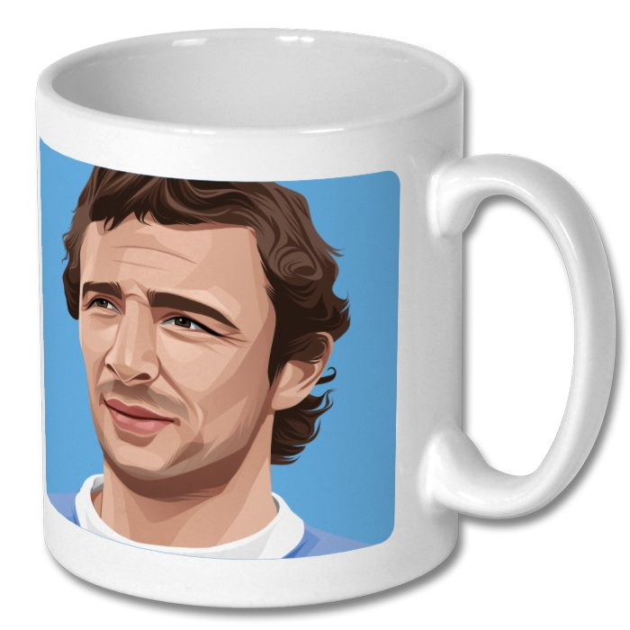 Retrotext Manchester City 1970 League Cup ceramic mug featuring a vintage illustration of a football player