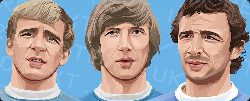 Retrotext Manchester City 1970 legends Colin Bell, Francis Lee, and Mike Summerbee illustrated on a ceramic mug