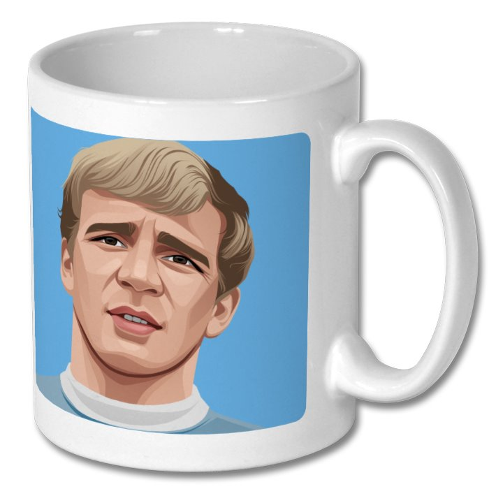 Retrotext Manchester City 1970 League Cup ceramic mug featuring a vintage teletext-style illustration of a player