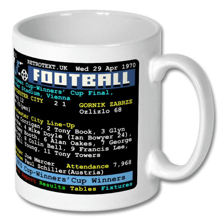Retrotext Manchester City 1970 European Cup-Winners' Cup ceramic mug with vintage teletext match report graphic