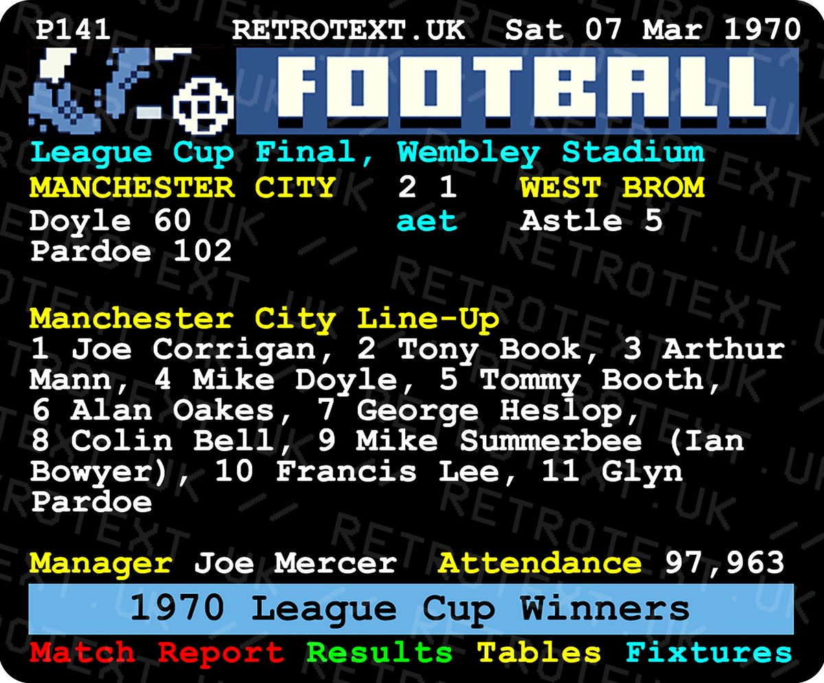 Retrotext Manchester City 1970 League Cup final ceramic mug featuring a vintage teletext scoreboard design