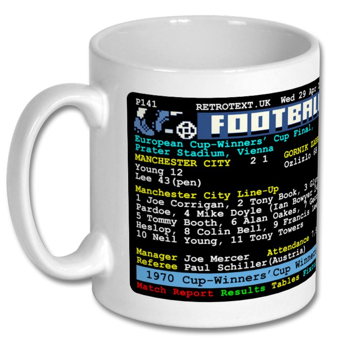 Retrotext Manchester City 1970 European Cup-Winners' Cup ceramic mug with retro teletext match report graphic