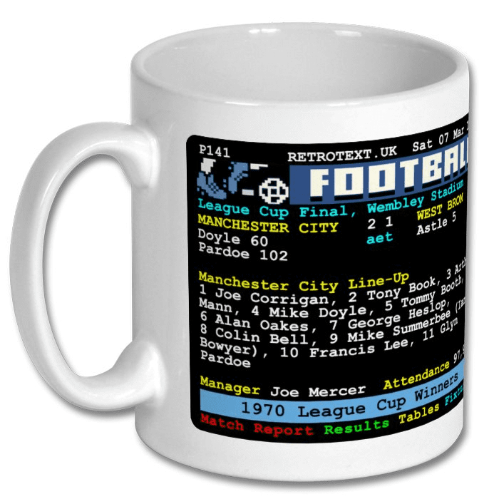 Retrotext white ceramic mug featuring a 1970 Manchester City League Cup final teletext match report design