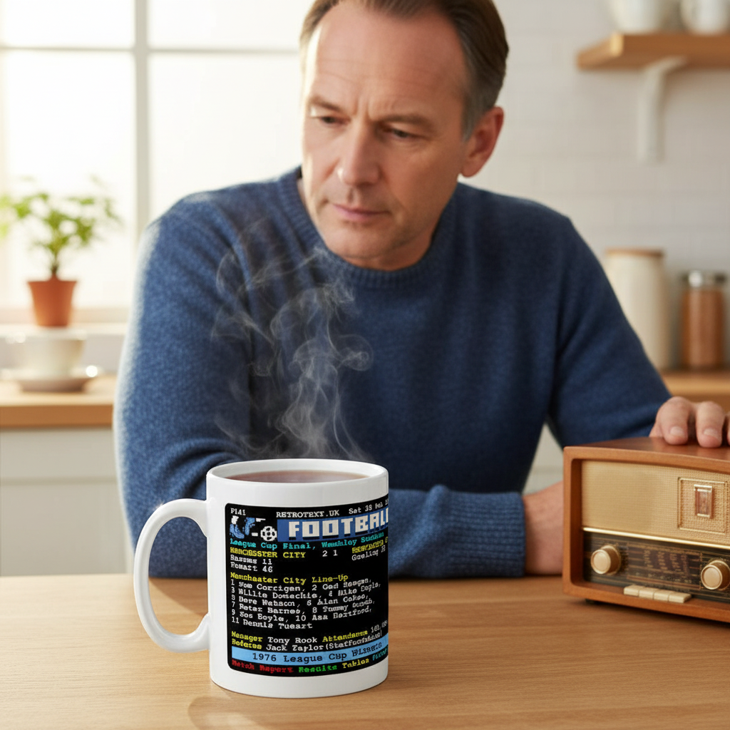 Retrotext Manchester City 1976 League Cup ceramic mug with teletext graphic held by a man in a kitchen setting.