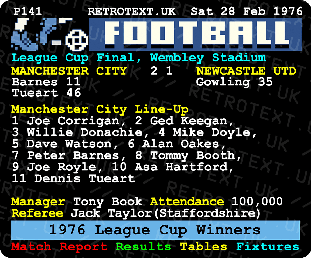 Retrotext Manchester City 1976 League Cup final ceramic mug with a nostalgic teletext graphic and match details.
