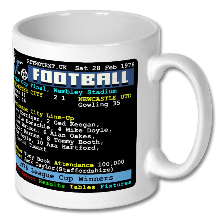 Retrotext Manchester City 1976 League Cup Winners ceramic mug featuring a vintage teletext match report graphic.