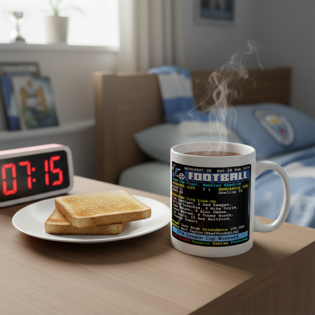 Retrotext Manchester City 1976 League Cup winners ceramic mug with teletext graphic on a bedside table with toast