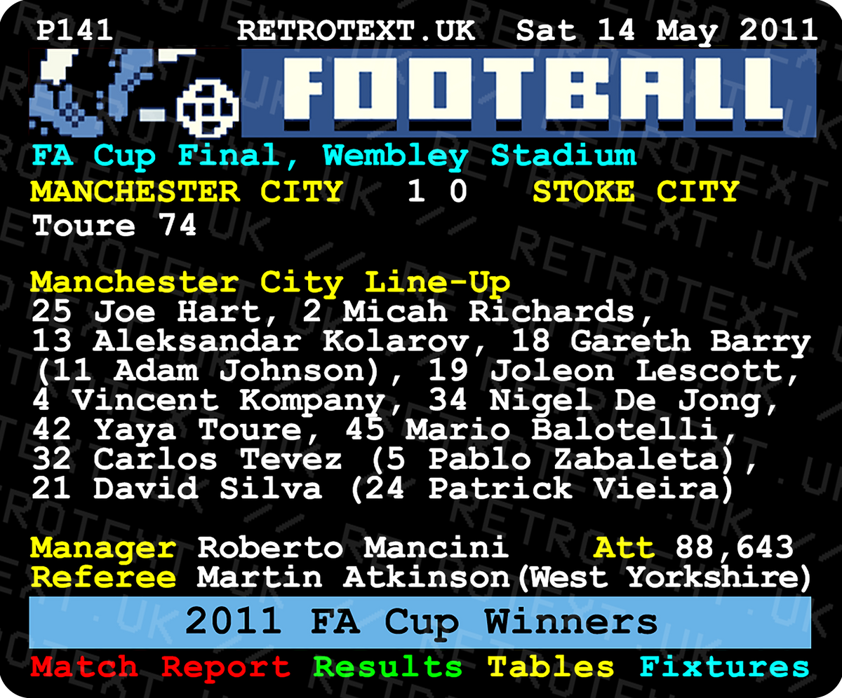 Retrotext Manchester City 2011 FA Cup winners ceramic mug featuring a nostalgic teletext match report design.