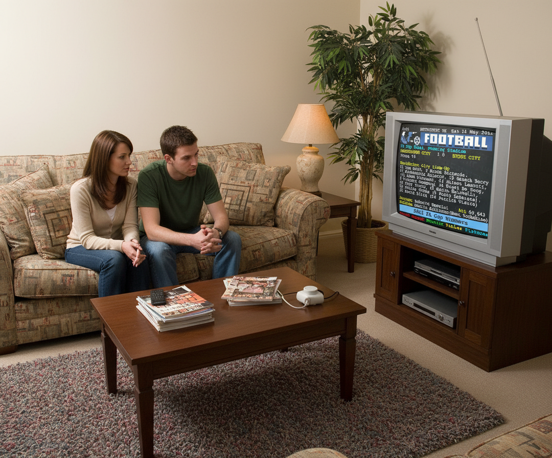 Retrotext Manchester City 2011 FA Cup winners teletext mug featuring match details on a retro television screen