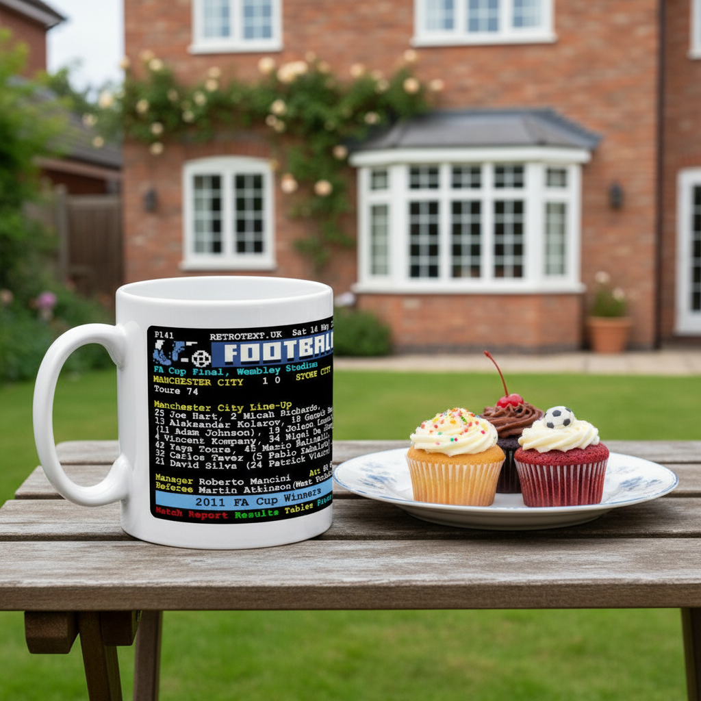 Retrotext Manchester City 2011 FA Cup winners ceramic mug featuring a retro teletext design on a wooden garden table.