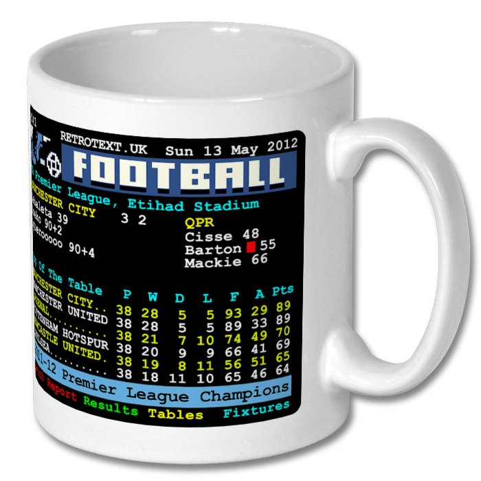 Retrotext Manchester City 2012 Premier League Champions mug featuring a vintage teletext score graphic