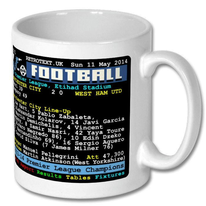 Retrotext Manchester City 2014 Premier League Champions teletext style glossy white 11oz ceramic coffee mug