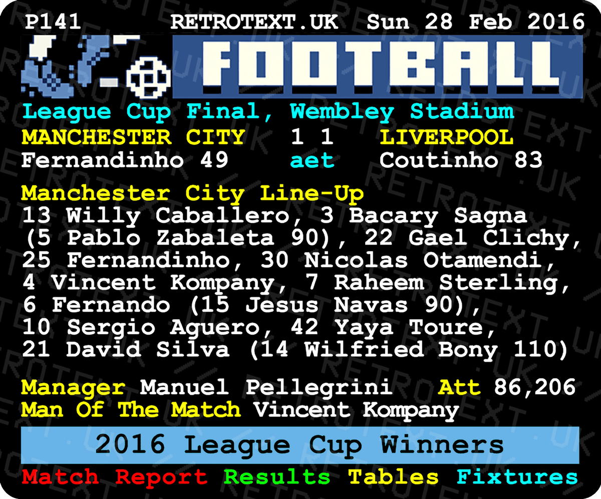 Retrotext Manchester City 2016 League Cup Winners ceramic mug featuring a vintage teletext match report design