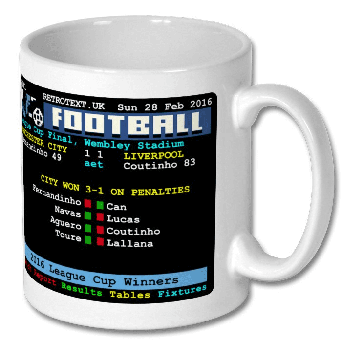 Retrotext Manchester City 2016 League Cup Winners ceramic mug featuring a vintage teletext football score interface