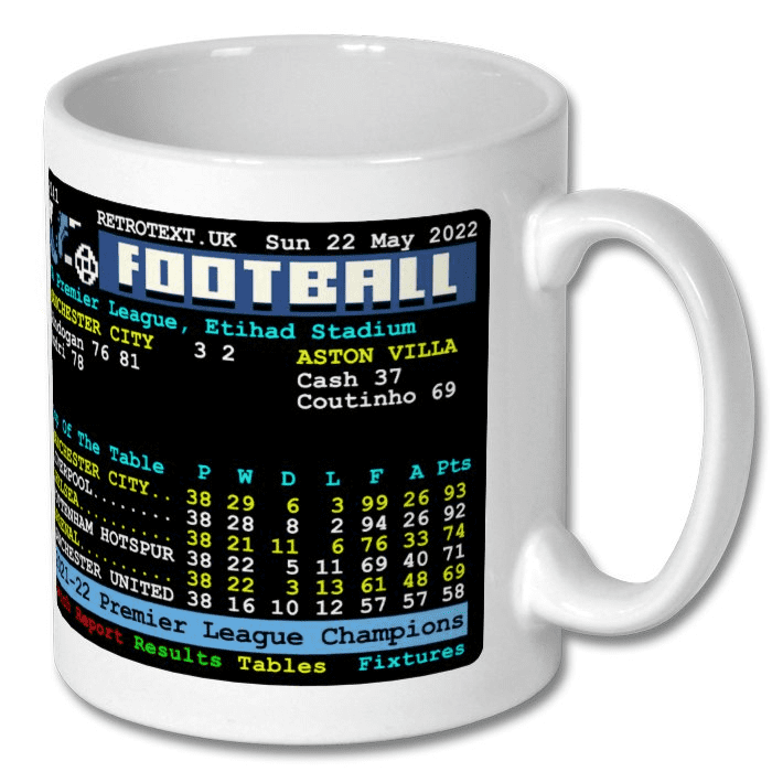 Retrotext Manchester City 2022 Premier League Champions teletext style graphic on a glossy white 11oz ceramic mug