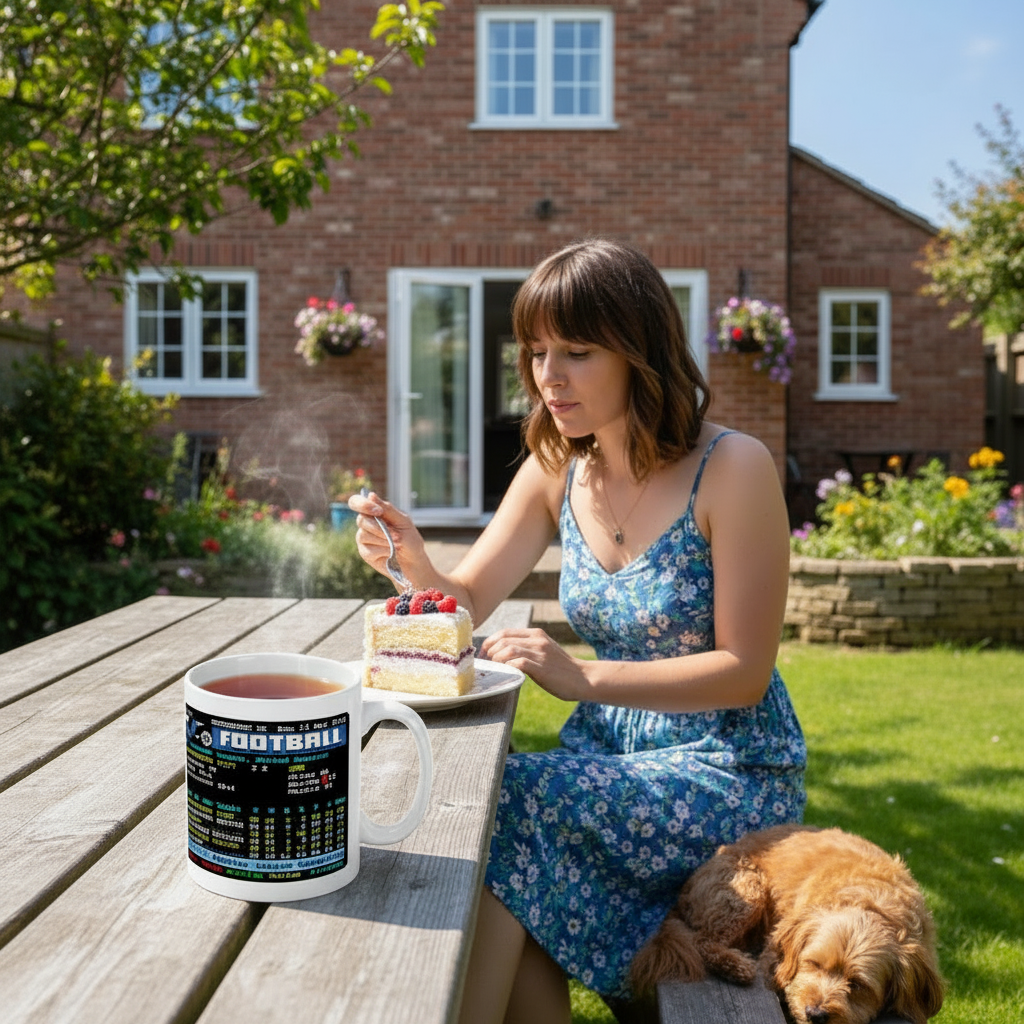 Retrotext Manchester City 2012 Premier League Champions mug featuring Sergio Aguero teletext design on a garden table