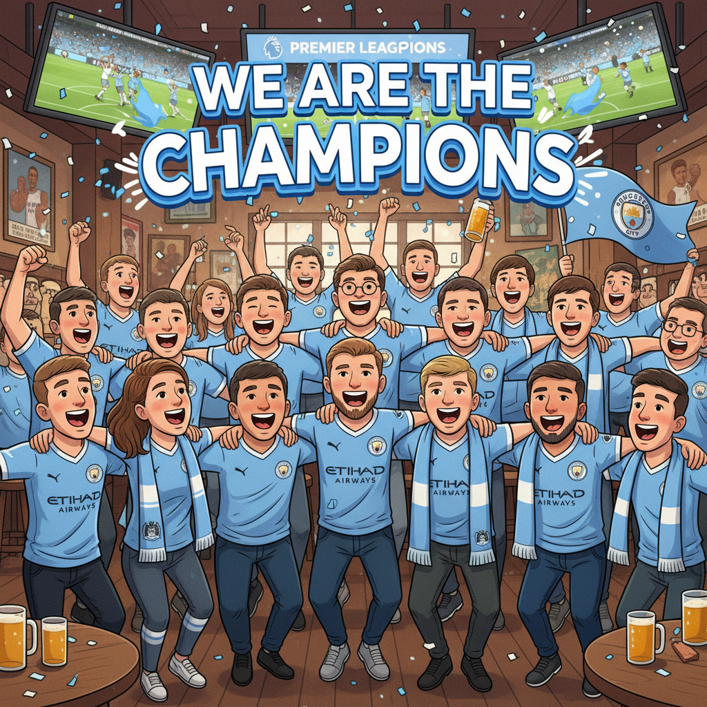 Retrotext Manchester City Premier League champions illustration featuring fans celebrating in a pub with team scarves