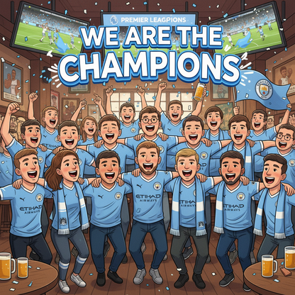 Retrotext Manchester City Premier League champions illustration featuring fans celebrating in a pub with team scarves