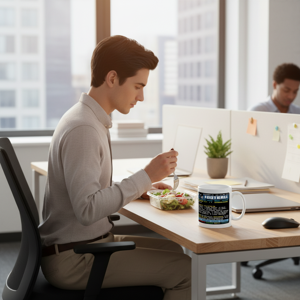 Retrotext Manchester City Champions League mug with teletext design on a desk next to a man eating lunch in an office