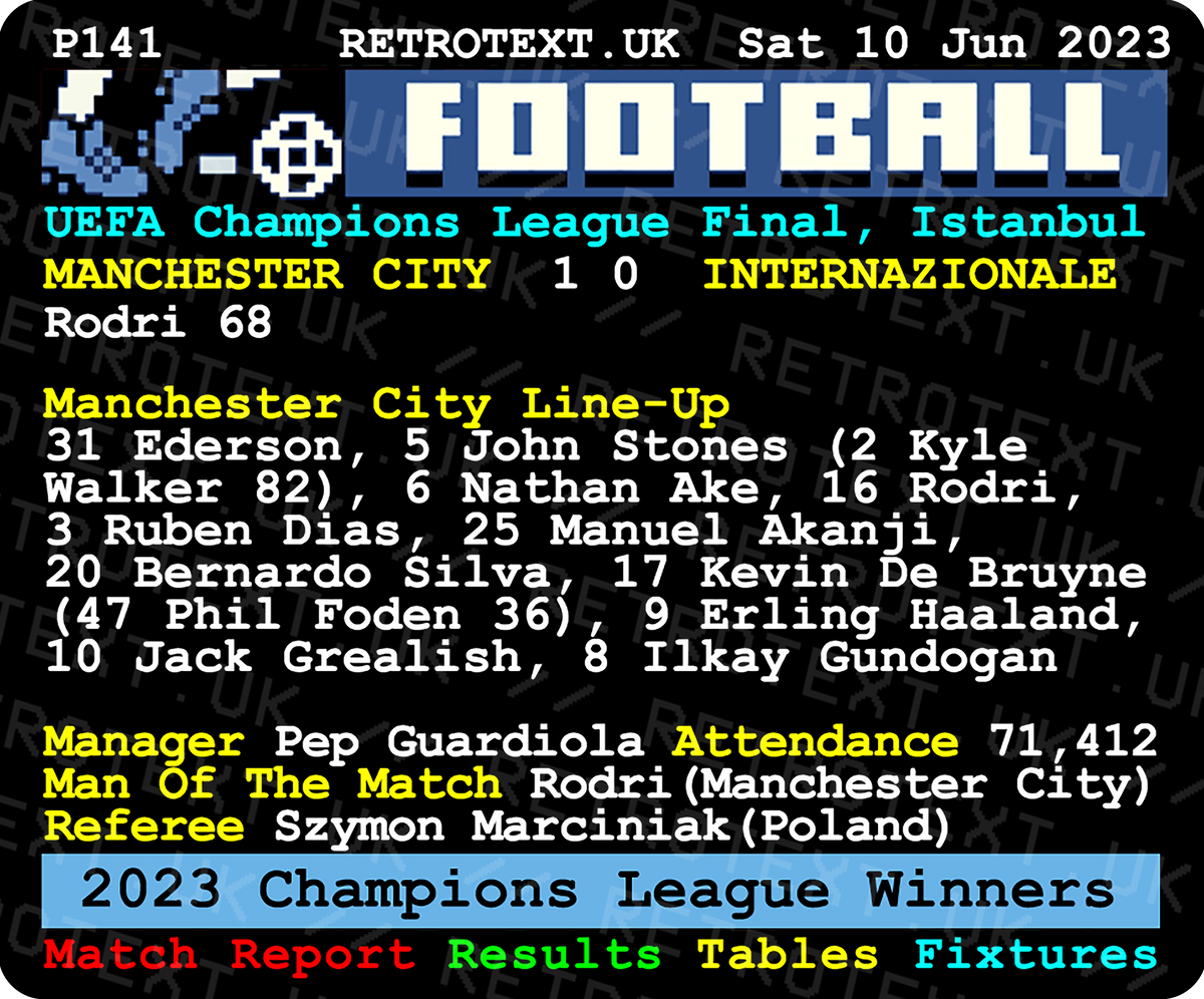 Retrotext Manchester City 2023 Champions League winners mug featuring a nostalgic teletext match report design